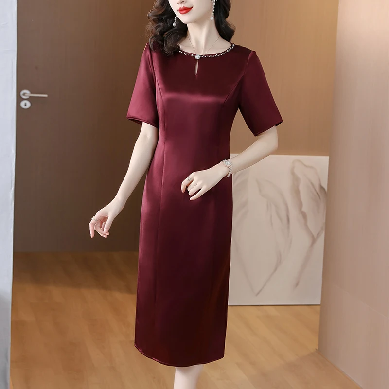 Женское шелковое платье-Ципао с круглым вырезом и коротким рукавом