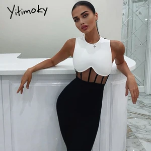 Bandage Dress Women's Summer 2022 Black And White Bodycon Dress Sleeveless Mesh Insert Sexy Party Dr