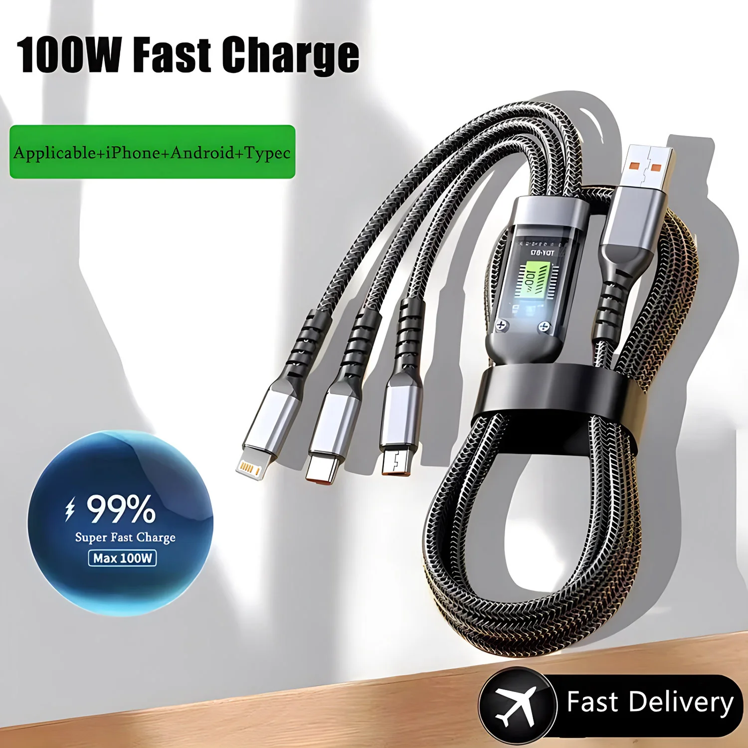 Фото Кабель USB A 3 в 1, 100 Вт, для быстрой зарядки, Micro USB, кабель для передачи данных, зарядное устройство для телефона, кабель для быстрой зарядки для iPhone, Samsung, Xiaomi, Huawei №1
