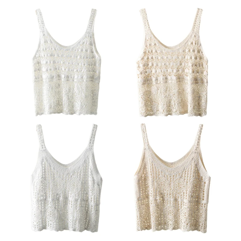 

Hollow Knit Geometric Pattern Beachwear Crop Top Women Crochet Cover Up Camisole