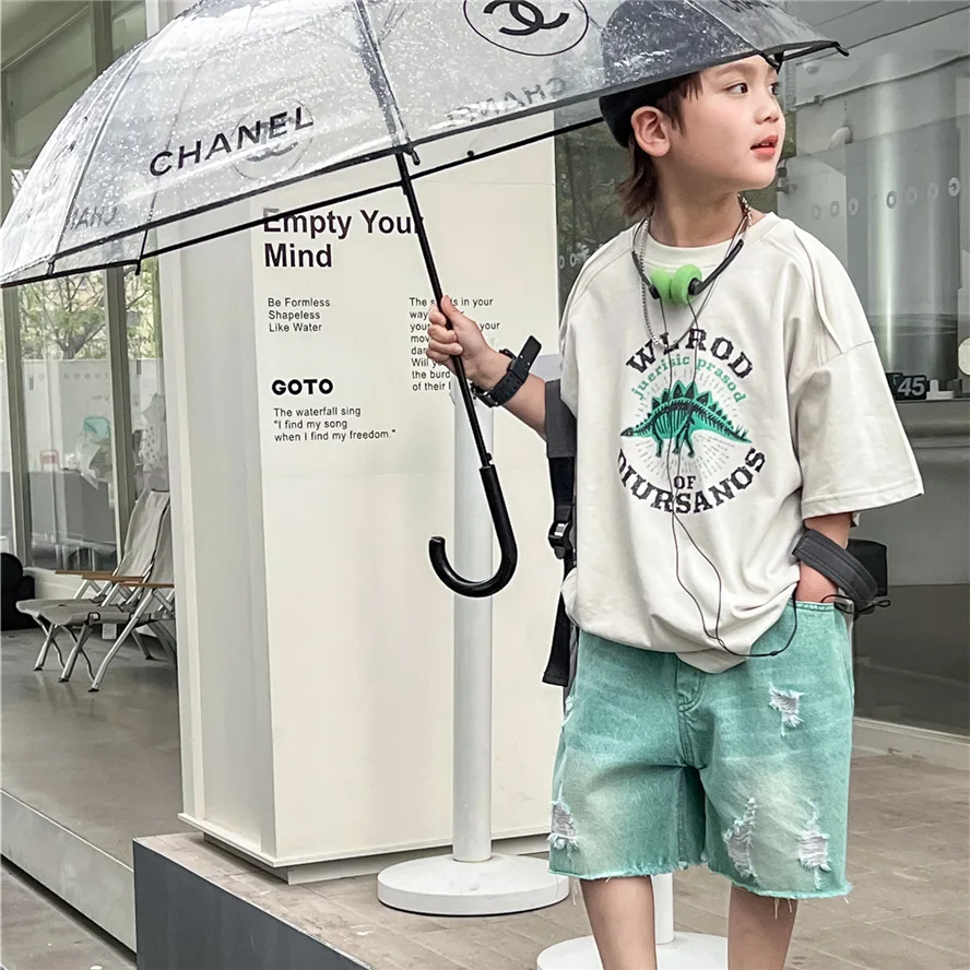 

New 2023 summer children's pure cotton short sleeved niche shoulder cut male and female westernized T-shirt trend