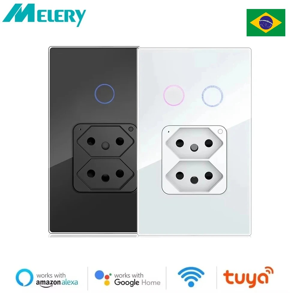 Melery wifi inteligente brasil tomada de parede interruptor de luz 10a 20a tomada sensor toque painel vidro remoto por tuya alexa google casa