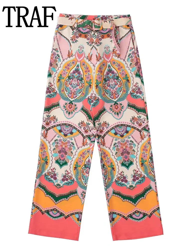 

TRAF 2022 Printed Palazzo Pants High Waist Wide Leg Pants Sets Women Summer Boho Buckle Belt Woman Trousers Vintage Baggy Pants