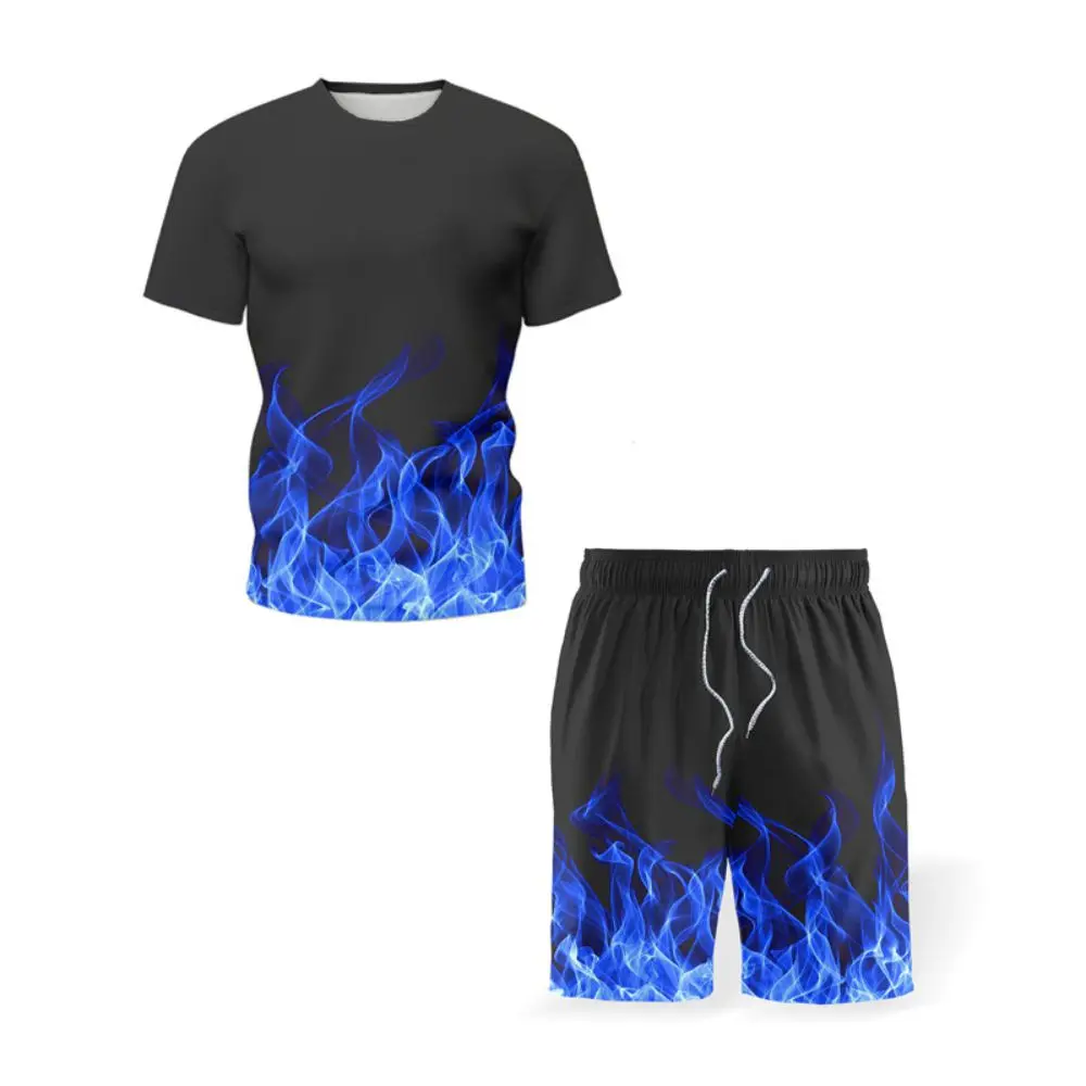 3D Printed T-shirt Suits Plus Men Clothes Size The Flame Graphic Round Neck Ropa  Designer Short Sleeve 2 Pieces Summer