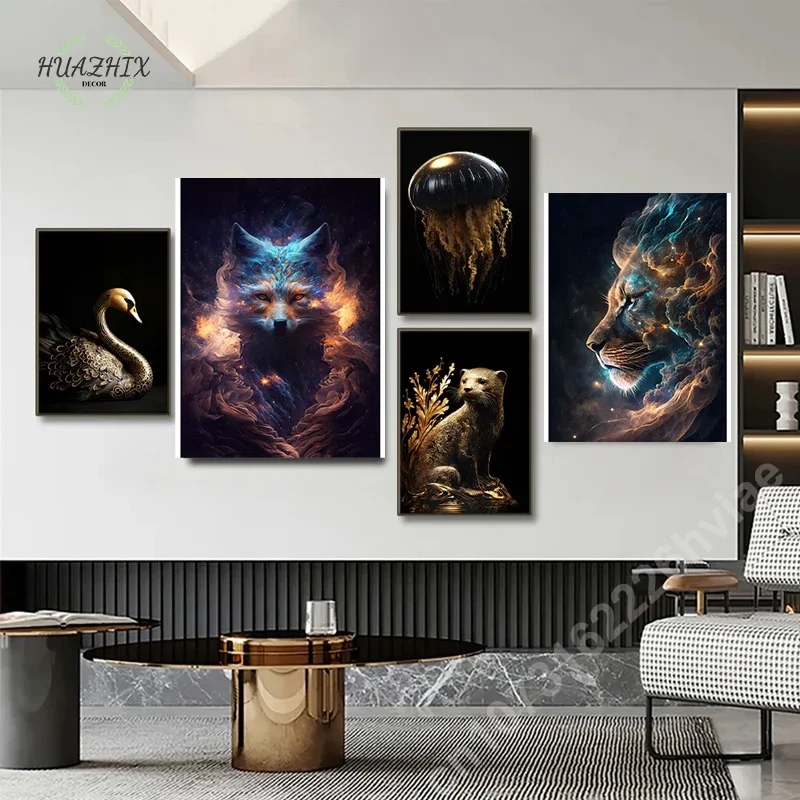 

Black Gold Eagle Lion Canvas Painting Abstract Poster Wall Art Nordic Deer Tiger Wolf Swan Aesthetic Picture Living Room Decor