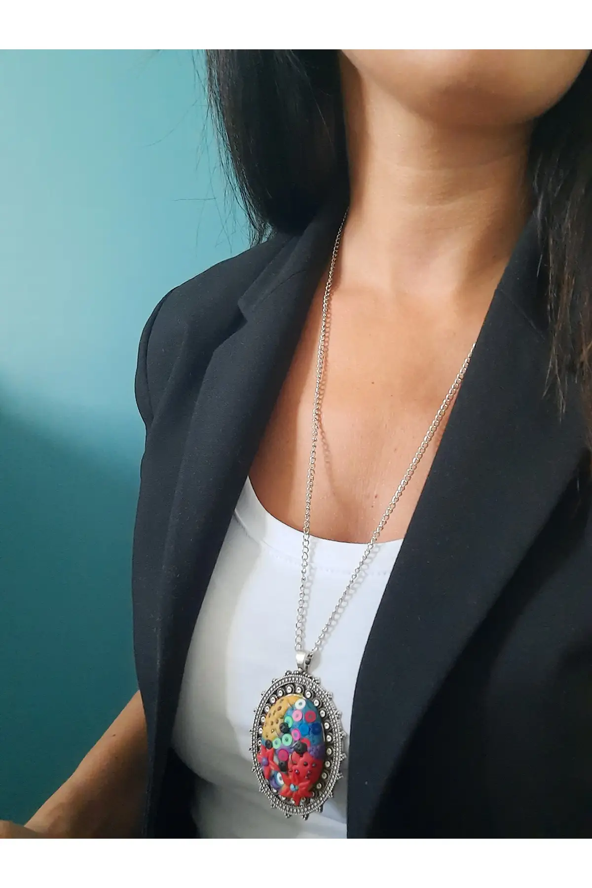 

Разноцветная ЭТНИЧЕСКАЯ подвеска из полимерной глины ручной работы с индивидуальным дизайном, длинная цепочка и рамка