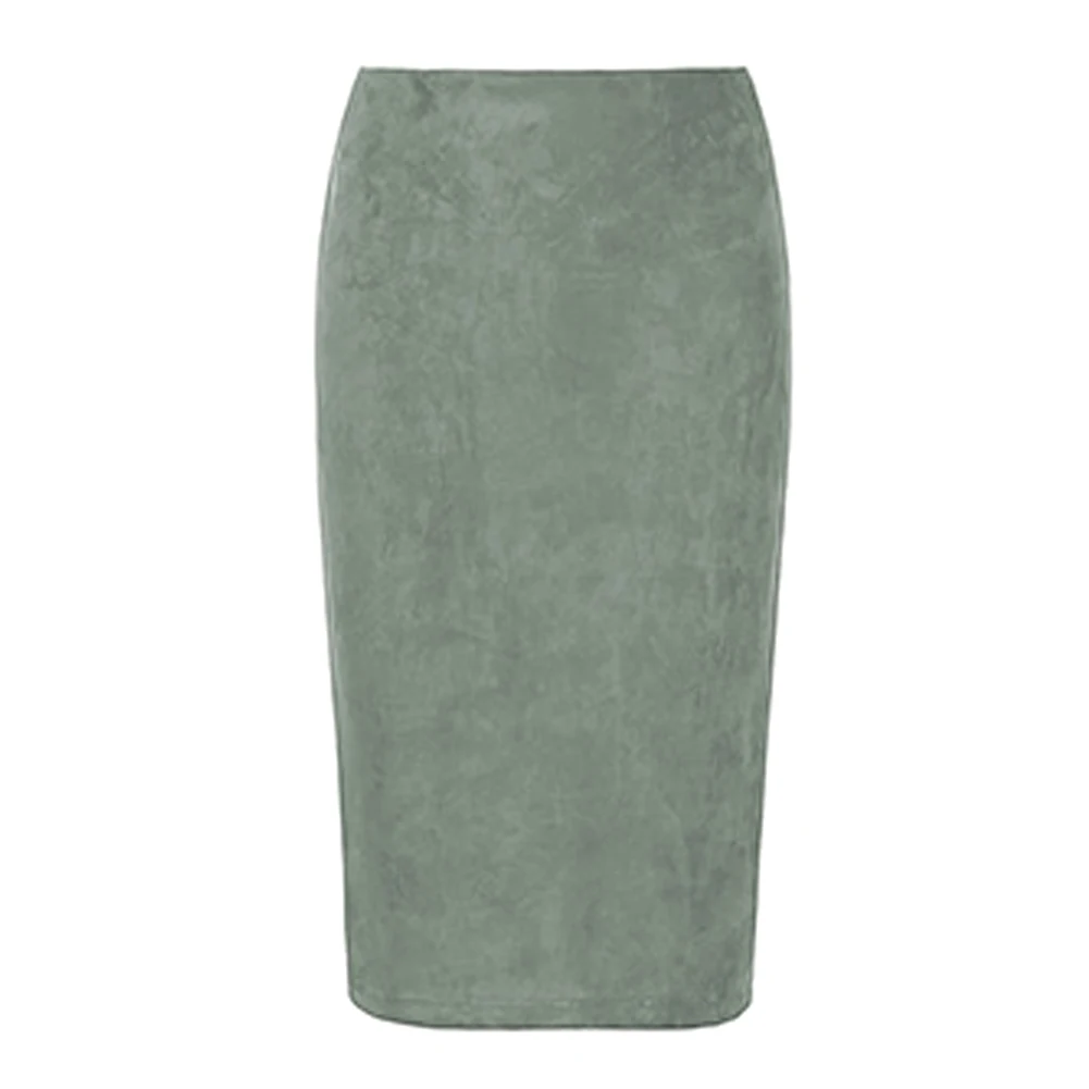 

New Fahsion Women Suede Pure Color Pencil Midi Skirt Ladies Autumn Winter Trendy OL Style Basic Bodycon Skirts