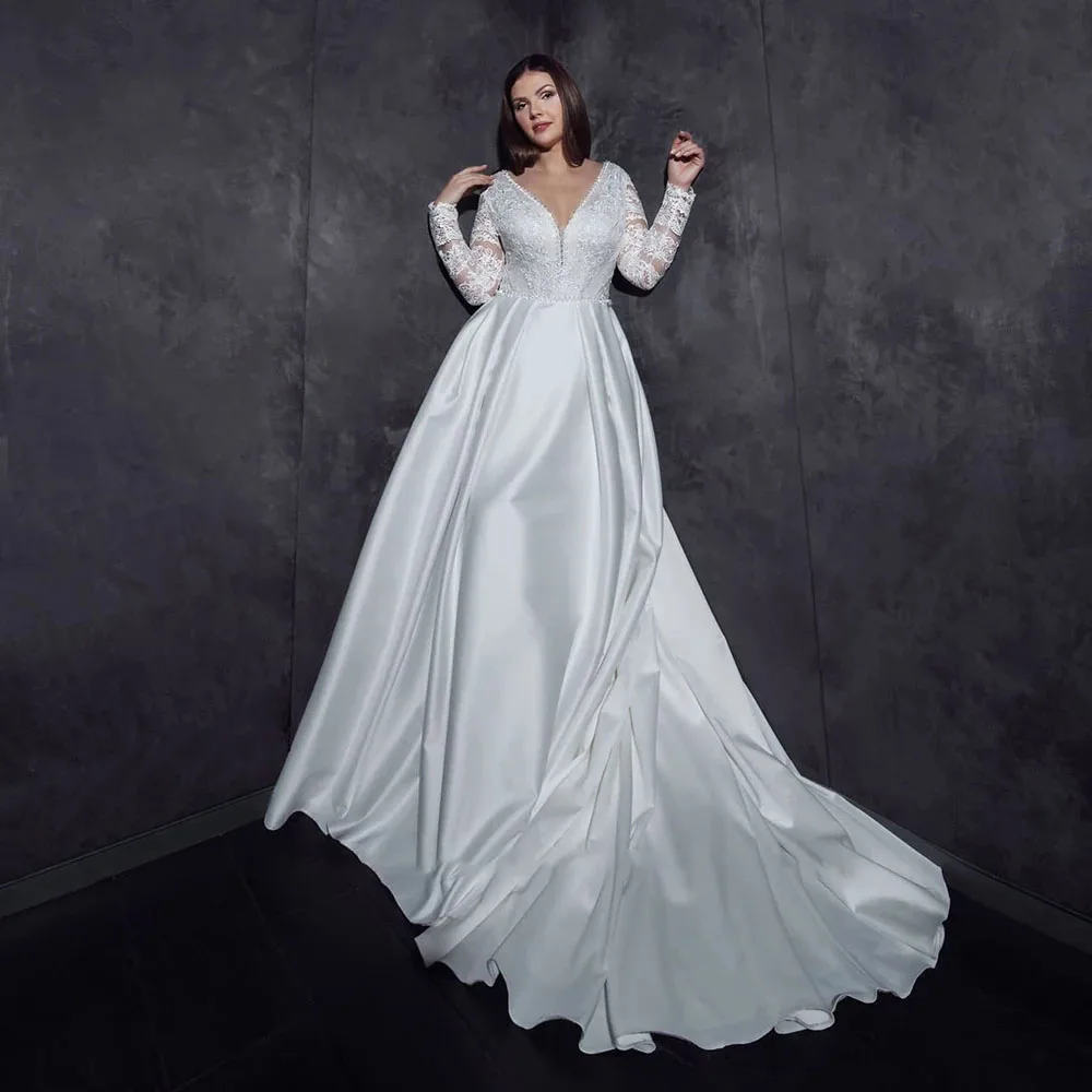 

LUOJO Wedding Dress Elegant Princess Satin V-neck A-line Long Sleeve Appliques Flowers Simple Bride Dresses Vestido De Novia