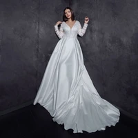 luojo wedding dress elegant princess satin v neck a line long sleeve appliques flowers simple bride dresses vestido de novia