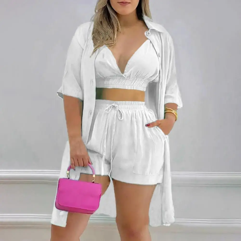 

3pcs Summer Shorts Set Women Outfits Pure Color Camisole Crop Top Shirts Coat Shorts 3 Piece Set Women Tracksuits шорты женский