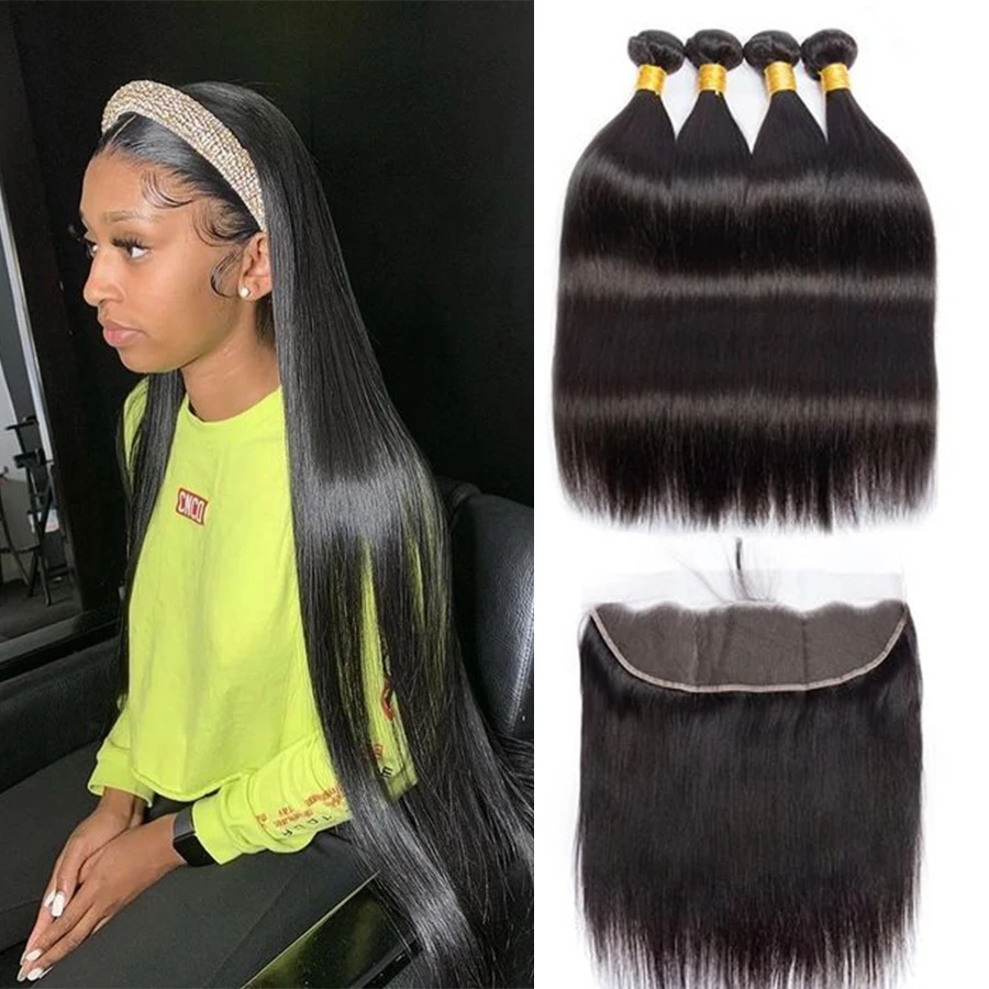 Straight Bundles With Closure Indian Hair Weave Bundles With Closure Frontal Pre Plucked 26 28 30 Inch Remy Hair Extension