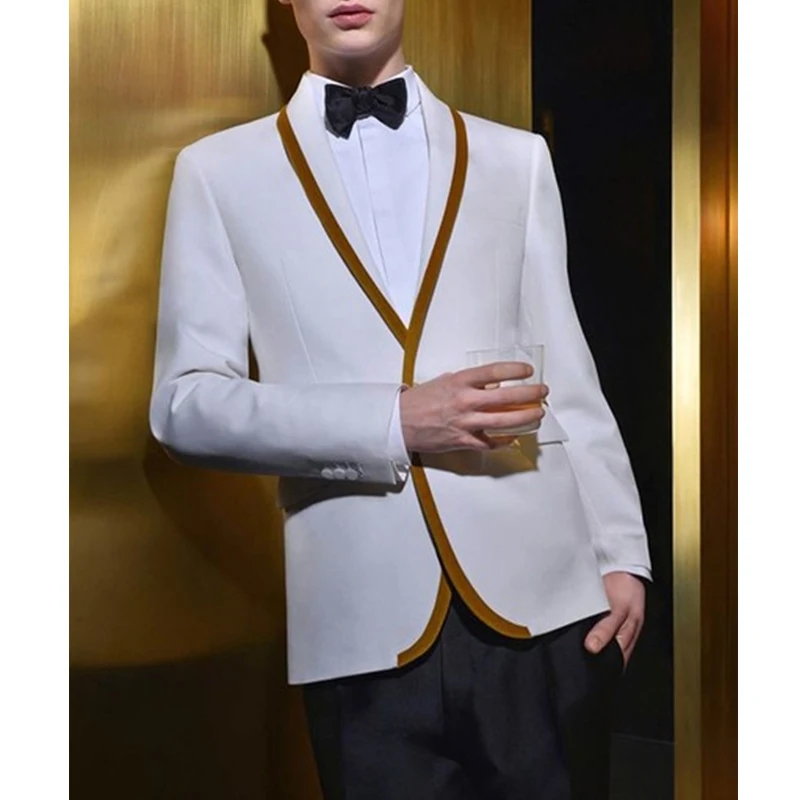 

White Groom Tuxedo with Gold Trim Lapel for Wedding Prom 2 Piece Slim Fit Men Suits Latest Coat Pant New Male Fashion Costume