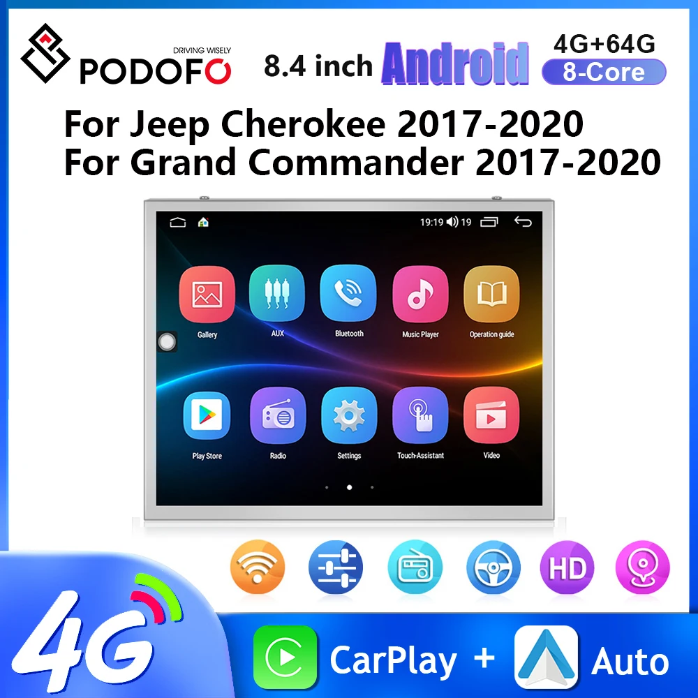 

Автомагнитола Podofo, 8,4 дюйма, 64 ГБ, Android, для Jeep Cherokee 2017-2020/Grand Commander 2017-2020, мультимедийный плеер Carplay, авто, Wi-Fi, 4G