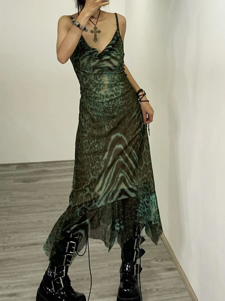 

Vintage Summer Retro Green Leopard Print Two Layer Mesh Slip Midi Dresses Women Sleeveless V Neck Holiday Outfits