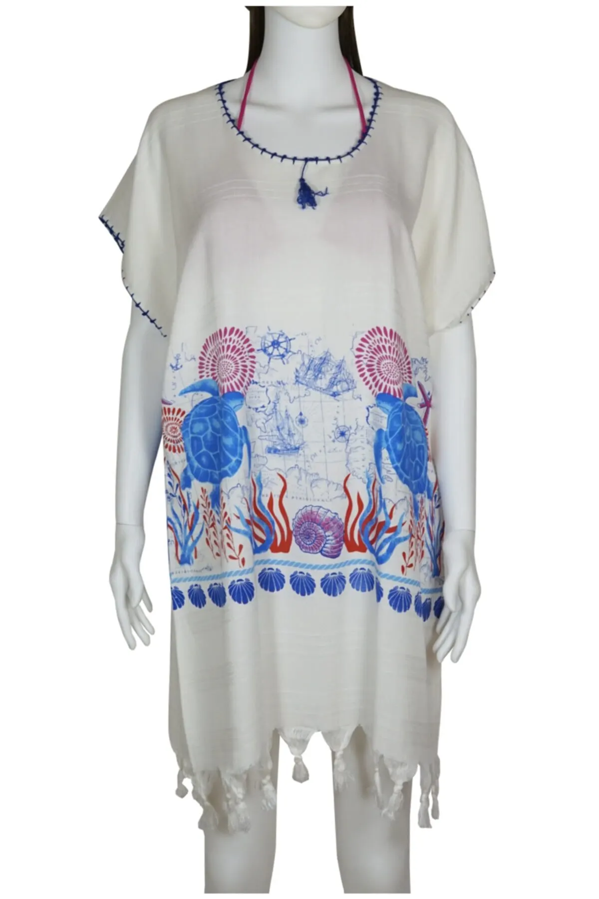 

Women's Pareo White Turtle pattern blouse embroidery Short Sleeve Beach Dress Swimwear Cover Up Dress Sexy Tunic