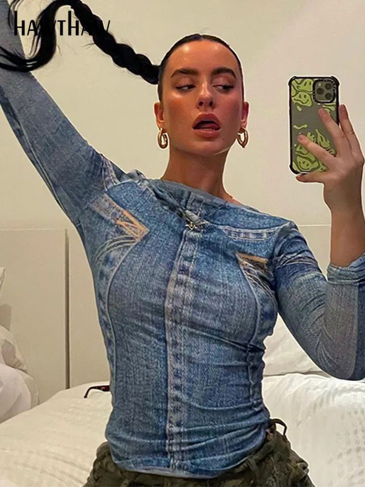 

Women's 2023 winter new fashion print street hipster slim round neck long sleeve top