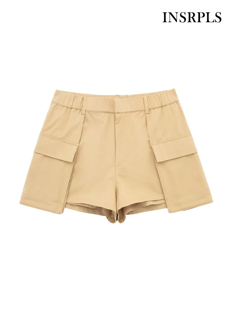 

INSRPLS Women Fashion Side Patch Pockets Shorts Skirts Vintage High Waist Zipper Fly Female Skorts Mujer