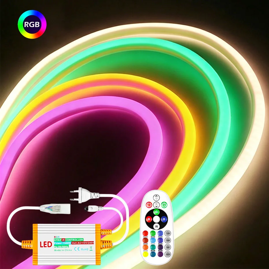 Фото Светодиодная неоновая лента RGB с регулируемой яркостью, 220В, водонепроницаемая, с многоцветными режимами, RGB-лента SMD5050 с пультом ДУ, вилка EU, для дома и сада №1