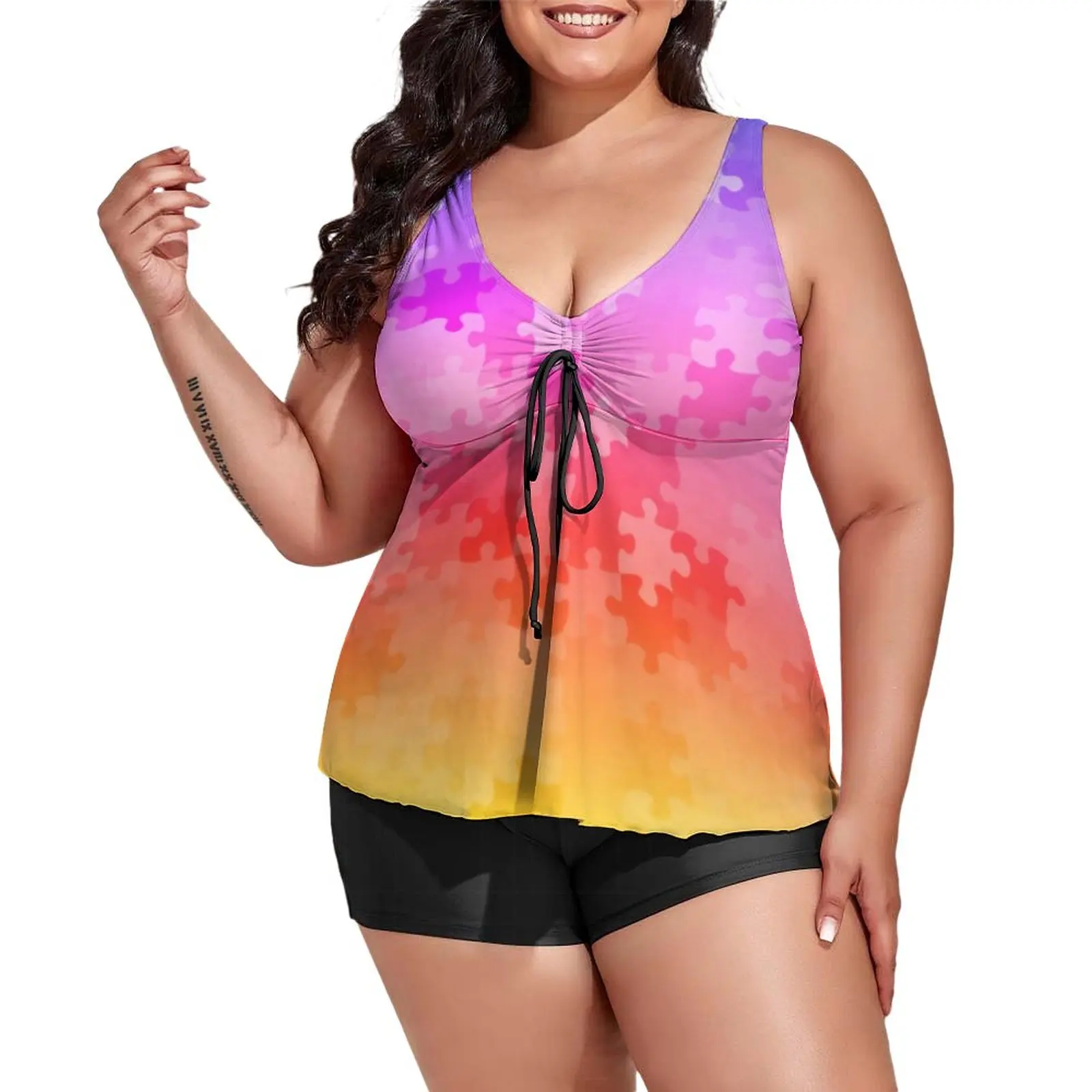 

Sunset Ombre Puzzle Pieces Swimsuit Ombre Print Tankini Swimwear Two Piece Bathing Suits Female Sexy Beach Beach Wear Gift Idea