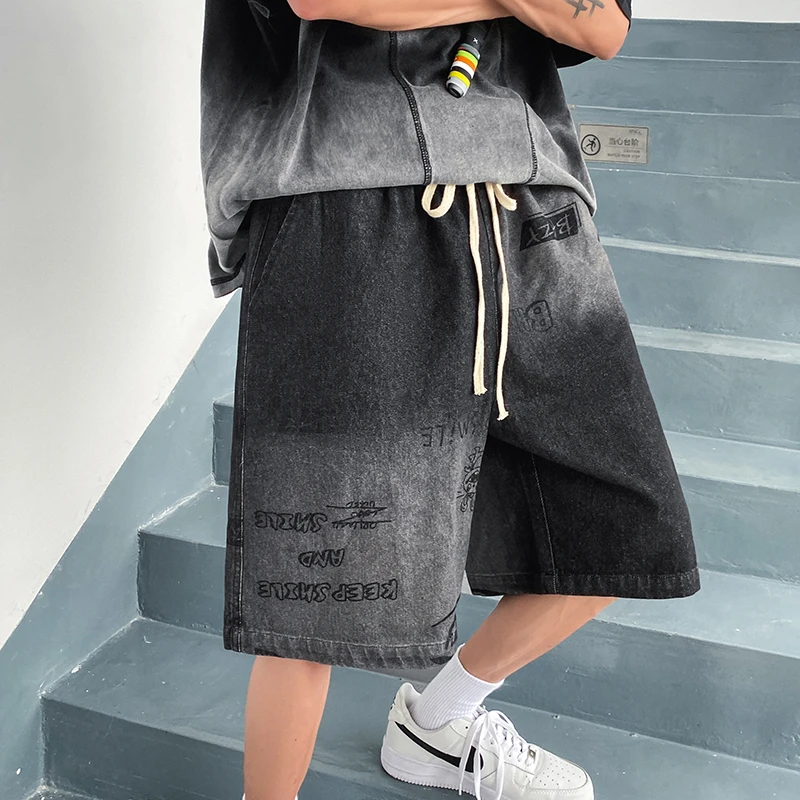 

Men's Letter Printed Short Jeans Summer New Chic Gradient Loose Denim Shorts Male Straight Short Pants Streetwear Casual Shorts