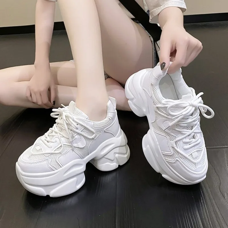 

Size 34-39 Real Leather Casual Sneakers for Women White Black Platform Shoes Lace-Up Heels Footwear Girls Pumps Student