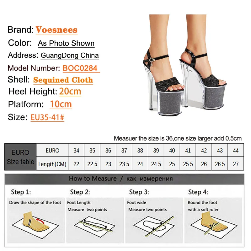 Туфли женские на шпильке 20 см прозрачные сандалии с блестками платформе 10