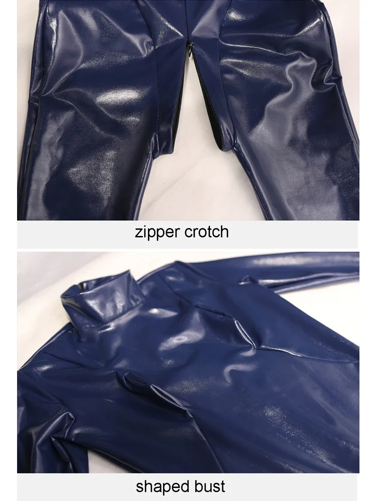 S-5XL Блестящий боди из искусственной кожи на молнии с открытой промежностью