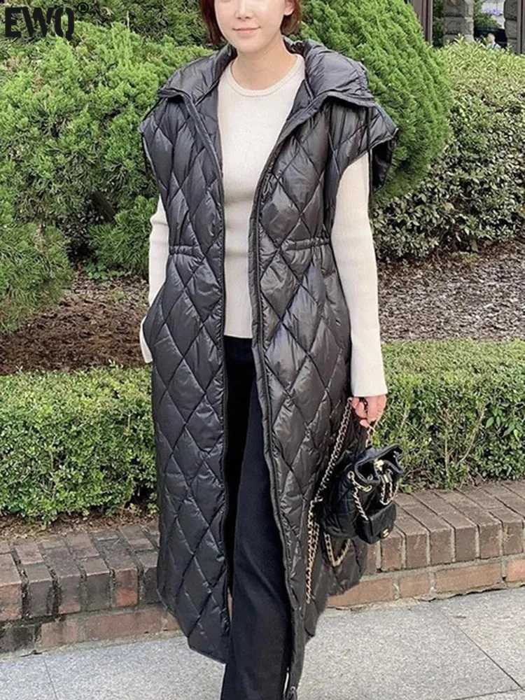 

[EWQ] Apricot Black Hooded Diamond Plaid Embossed Vest Coat Waist Slim Thick Warm Cotton Tank Jacktes 2023 Autumn Winter 16U6317