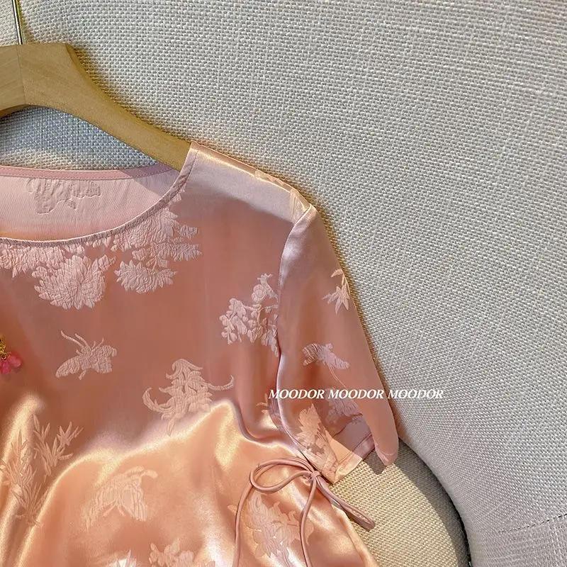 Новая рубашка в китайском стиле топ жаккардовая атласная футболка розовая