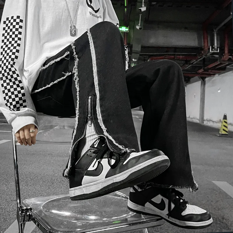 DEEPTOWN Vintage Embroidery Jeans Men Black Zipper Denim Pants Straight Loose Streetwear Trousers Male Casual Fashion Hip Hop