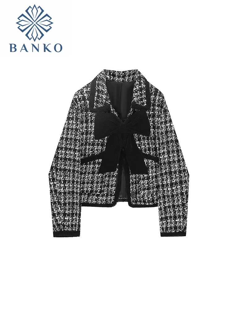 

2022 Women Tweed Thousand Bird Lattice Coat Autumn Winter Turn-down Collar Long Sleeve Bow Plush Single Breasted Woolen Elegant