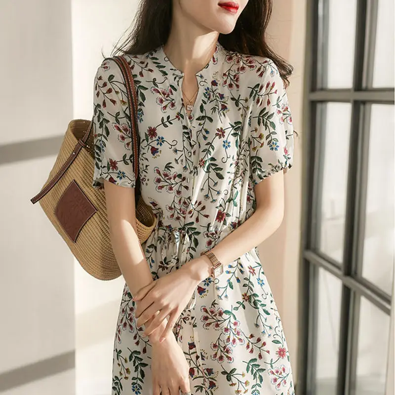 

Dress Summer Ladies High Waist Printed Lace-Up Dress Fashion Waist High Temperament Harajuku Dress 2023 Women Clothing SK1258