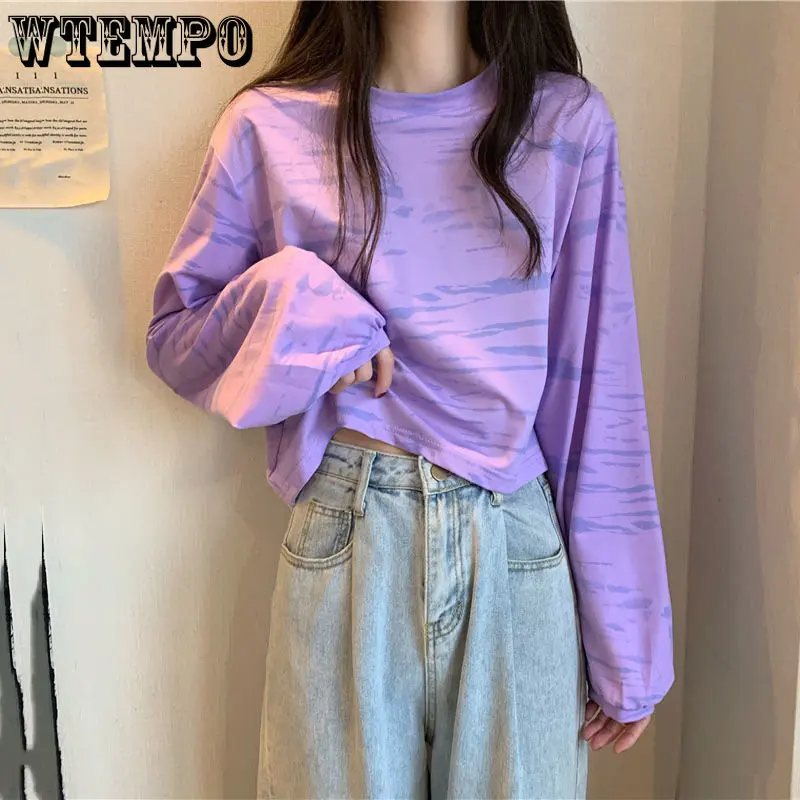 

WTEMPO Long Sleeved Tie Dyed Striped T-shirt Women Spring Summer Casual Loose Fit Short Top Versatile Round Neck Inner Blouse