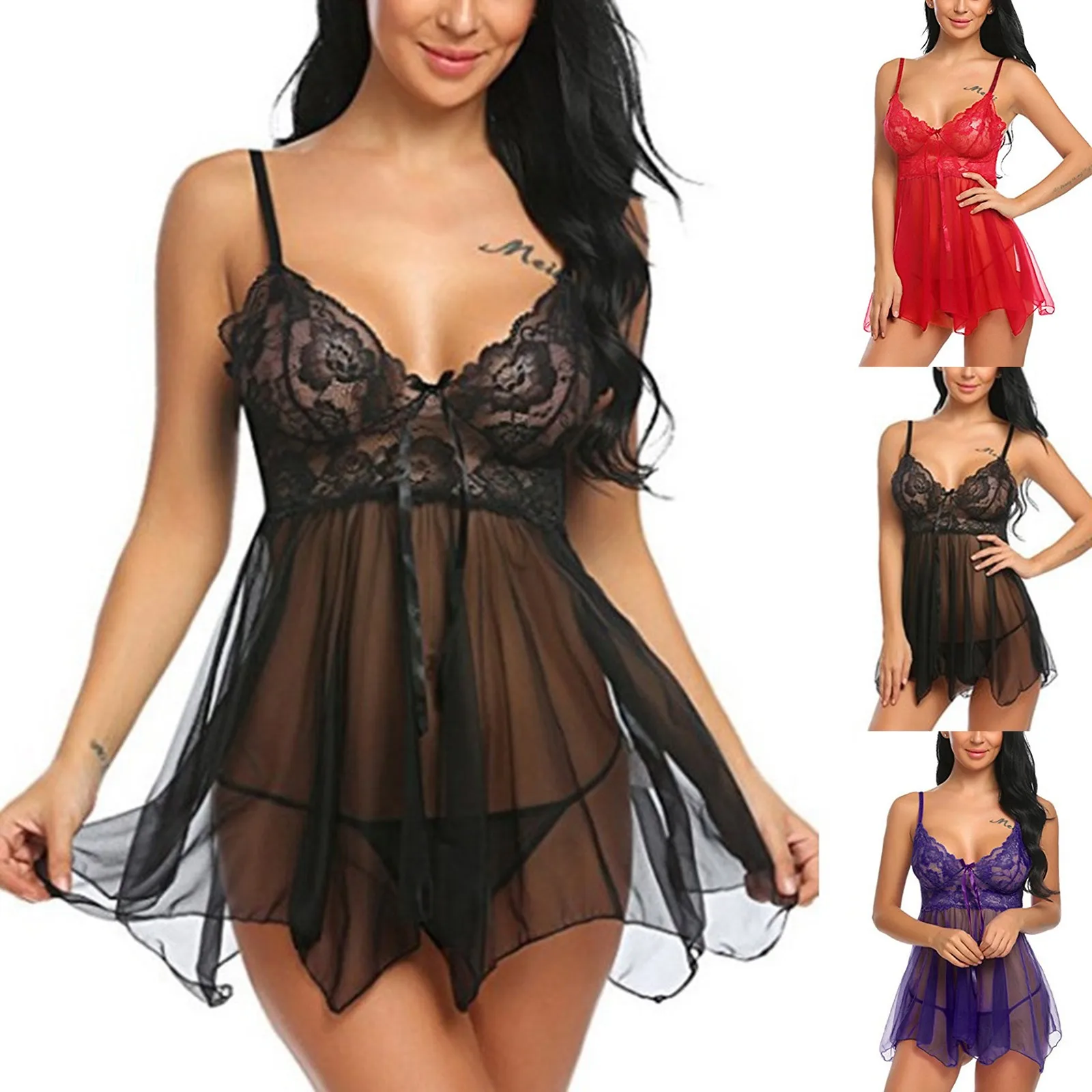 

Women'S Lace Lace Sexy Female See Through Front Split Halter Nightgown 1/4 Cup Bra Lingerie