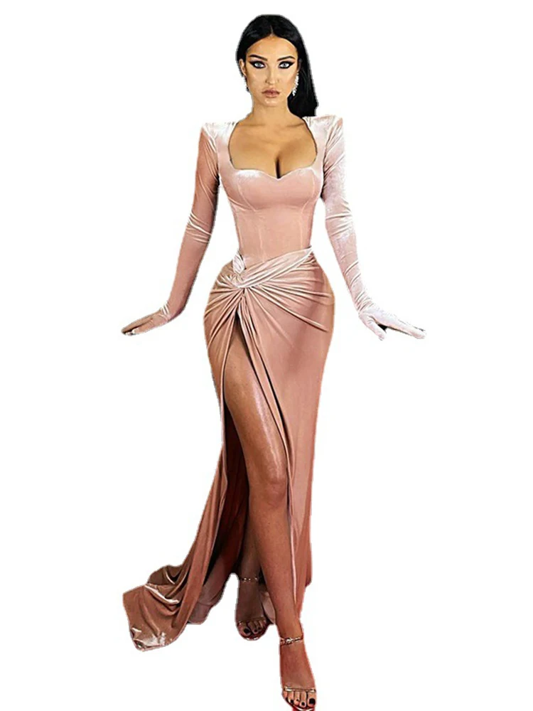 PLEINDI Luxury Evening Dresses Square Collar Long Sleeves Asymmetrical Knee-Length Chiffon 2022 New of Exquisite Prom Dress