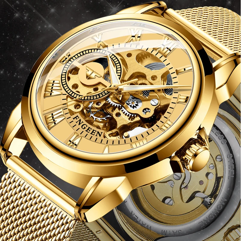 

FNGEEN Men Watch Luxury Gold Mesh Strap Mechanical Watch Fashion Skeleton Dial Personality Mens Watches Waterproof Reloj 0020