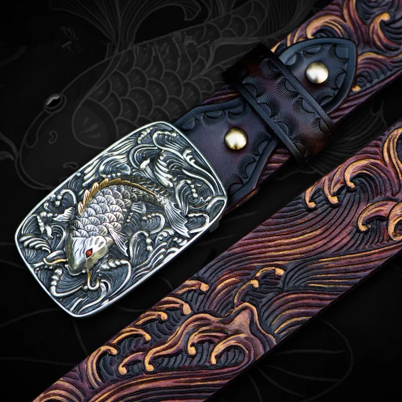 Genuine Leather Strap Male Belts For Men Women Cowhide Vintage Pure Copper Lucky Fish Buckle Belt Carving Vines