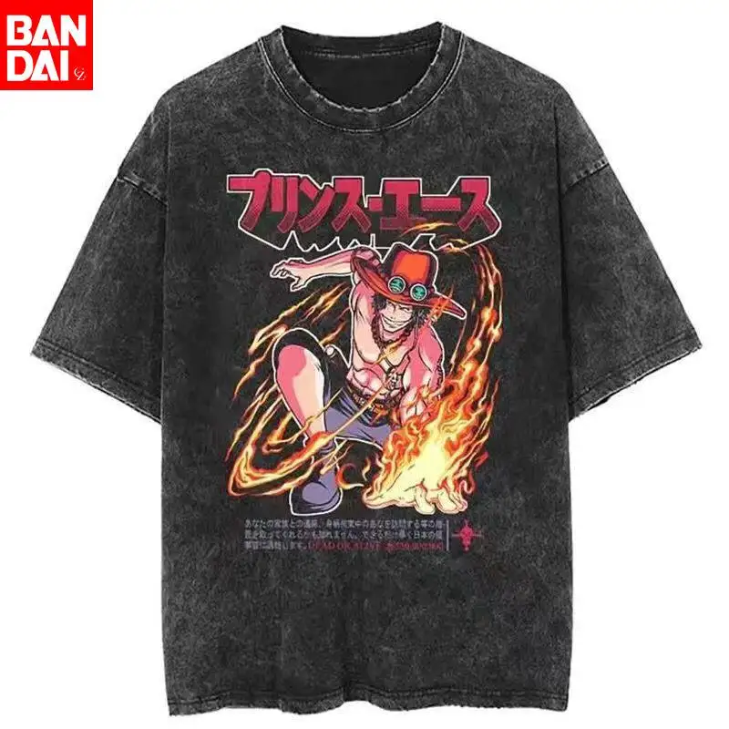 Фото Футболка One Piece Portgas D. Ace Fire Fist винтажная, с эффектом потертости, летняя, оверсайз, с графическим принтом, для мужчин и женщин, повседневная, хлопковая, 2026 №1