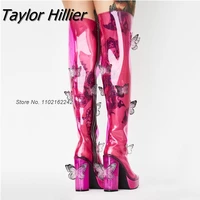 new thick heel water table pvc boots sequins butterfly catwalk nightclub fuchsia over the knee boots sexy thigh boots women