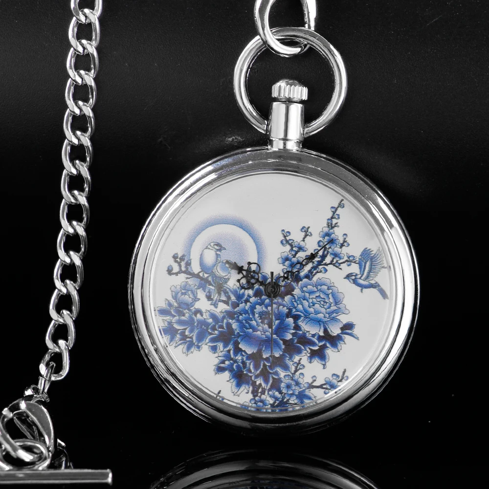 Blue and White Porcelain Fashion Pocket Watch Mechanical Men's Handbag Steam Punk Necklace Fob Watch Chain Roman Digital Clock