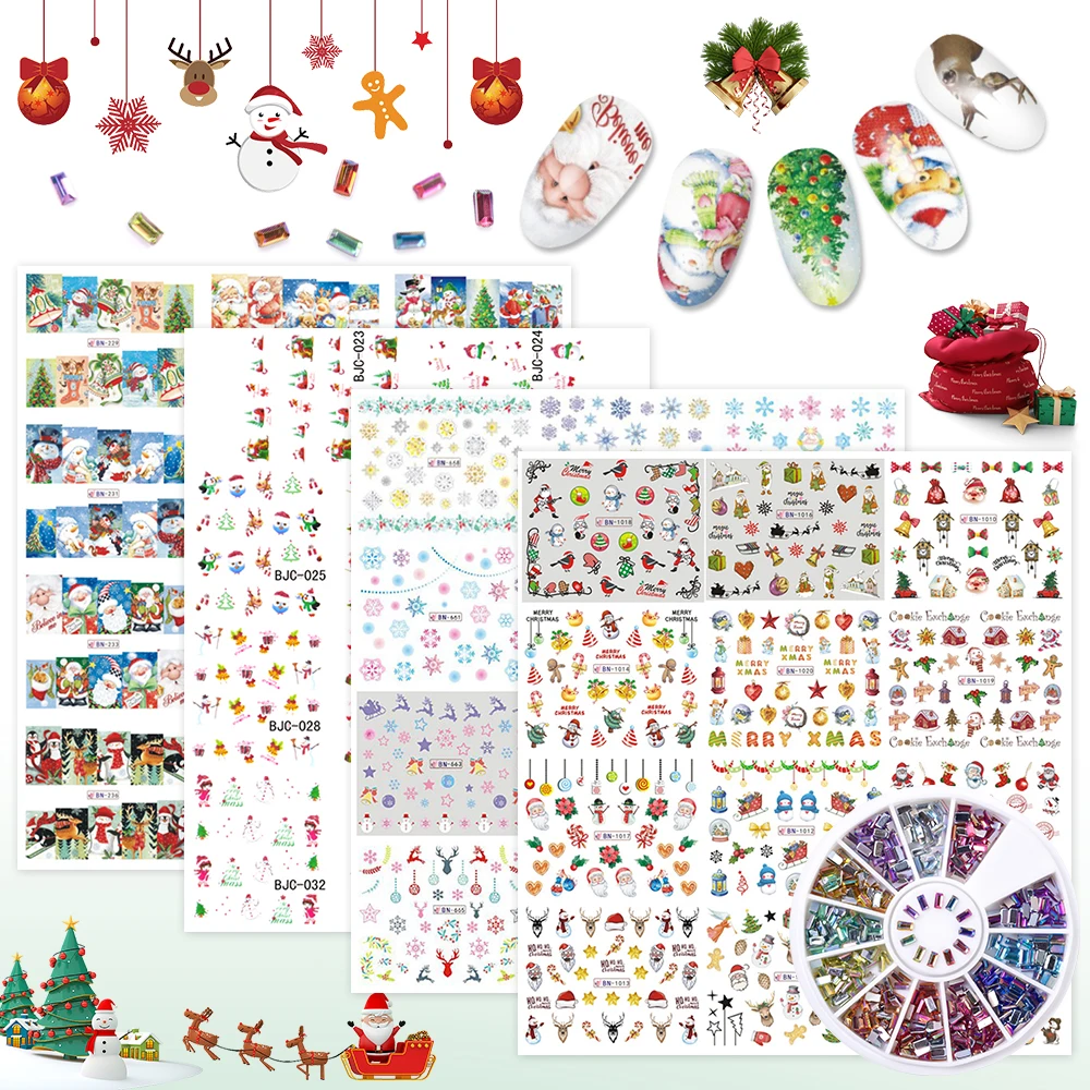 KADS Christmas Nail Art Stickers Set Water Transfer Decals Santa Snowflake Snowmen Nail Rhinestones Decorations for Women Girl