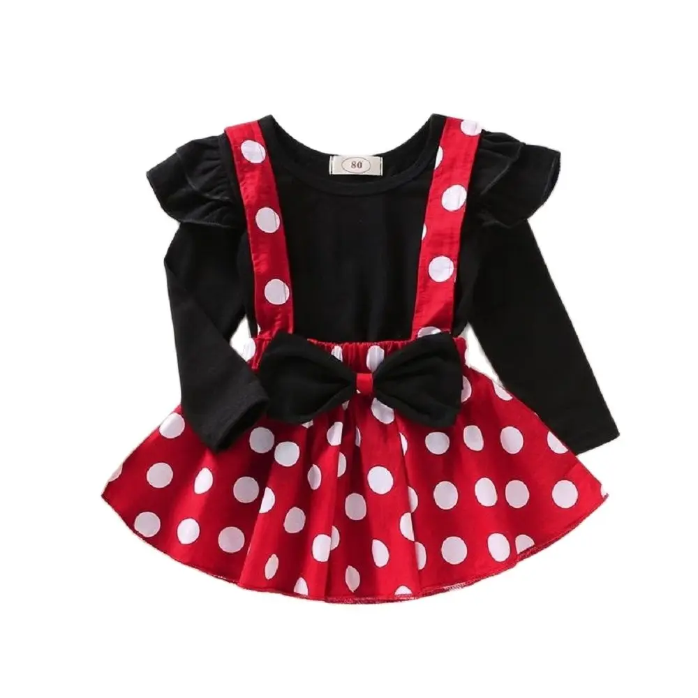 

Hot Selling High Factory Price Quality New Dress Girls Summer Solid Color Fly Sleeve Top + Dot Sling Skirt