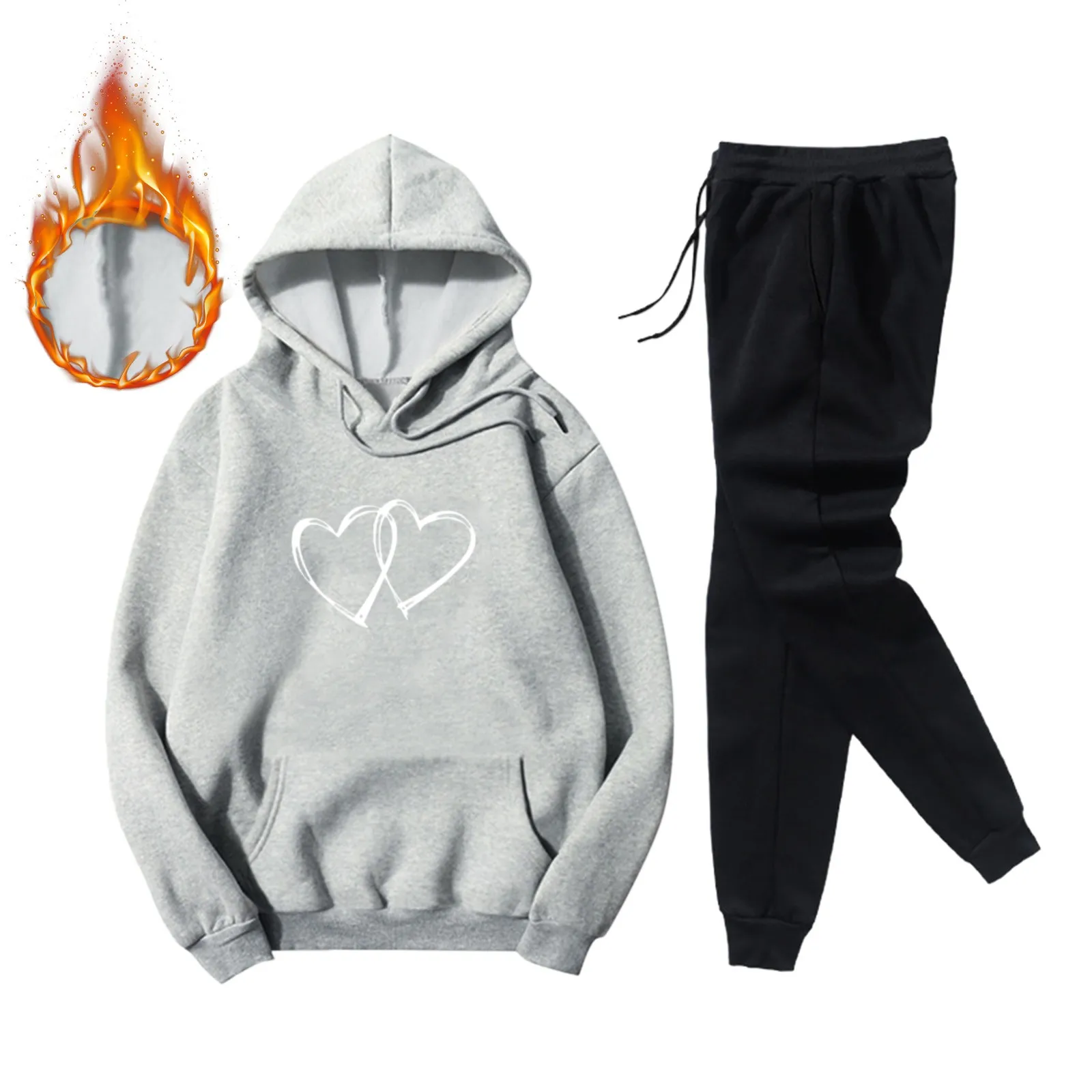 

2023 Women Solid Solor Pullover Tracksuit Slim Warm Long Pants With Thick Love Printed Hoodie Suit Oversize 2-Piece Sweatsuit