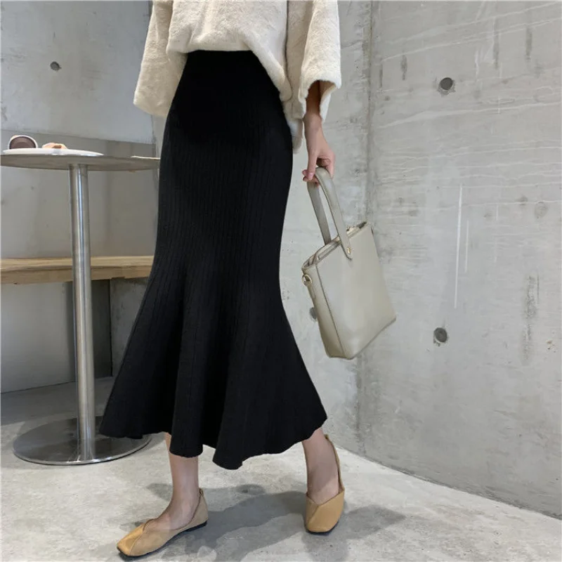 

Fashion High Waist Knit Skirt For Women Spring And Autumn New Mid-Length Slim Fit Slimming Hip Lotus Leaf Fishtail Skirt Women