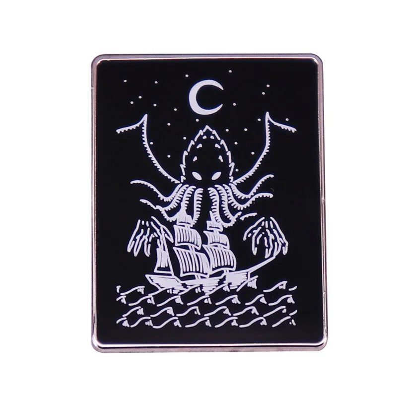 

Sea Monster Octopus Attacking Pirate Ship Brooch Goth Punk Art Badge Hard Enamel Pin Moon and Stars Decoration Fashion Jewelry