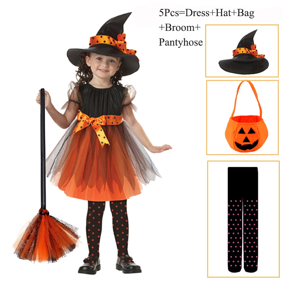 2022 Girls Halloween Cosplay Kids Costume Children Gown Infant Witch Dress Clothing Set Hat Pumpkin Bag Pantyhose