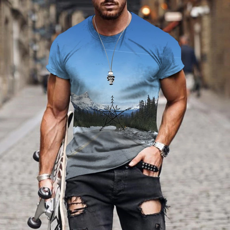 

2022 summer fashion personality 3d printing snow mountain road printing men's clothing men's oversized T-shirt