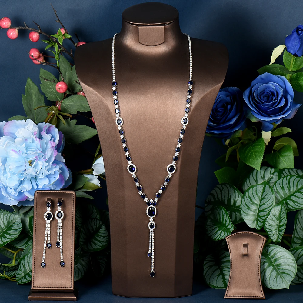 

HIBRIDE Luxury Blue 2 Piece Long Necklace and Earring AAA Cubic Zircon Jewelry Sets Women Wedding European Party Jewelry N-1328