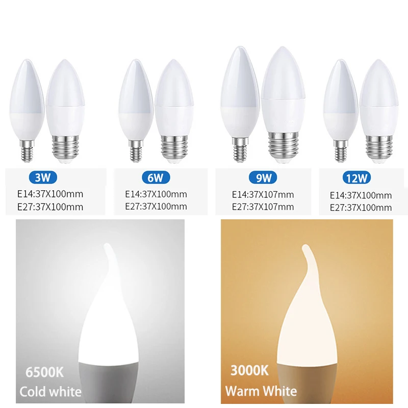 10pcs 2022 NEW Led Light Bulb E14 E27 LED Lamp lndoor 3W 6W 9W12W Candle Home Decor Chandelier AC220 Lampada |