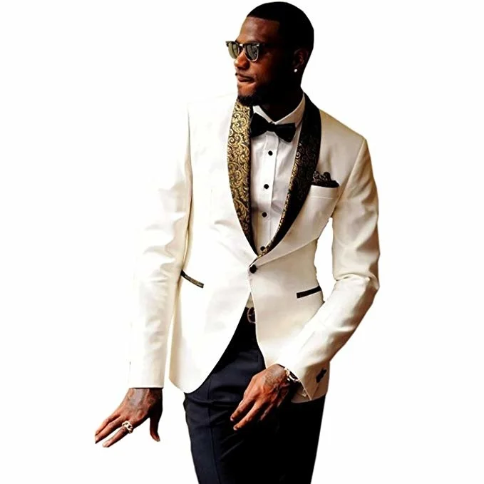 

2022 New Custom Made Groomsmen Ivory Groom Tuxedos Shawl Pattern Lapel Men Suits Wedding Best Man Blazer ( Jacket+Pants+Tie )